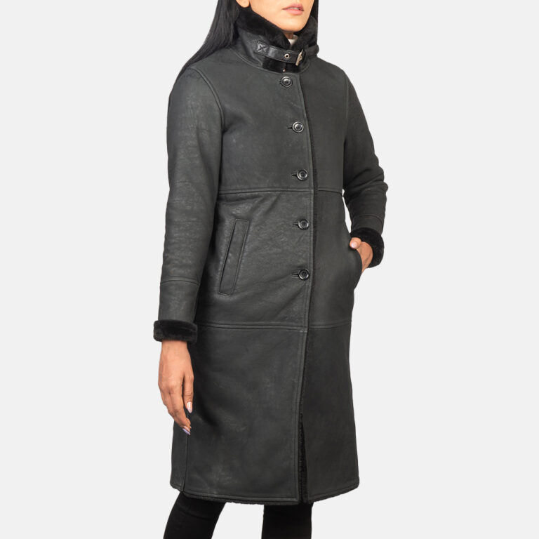 Womens Alina Shearling Black Leather Coat Close Front-5-1725279205689